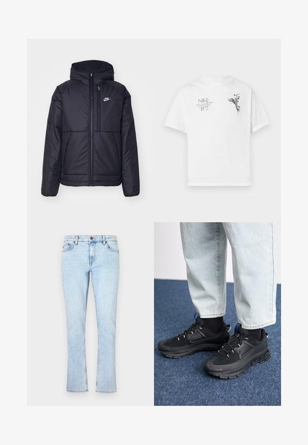 Crna Nike jakna s podstavom, dugmadi sprijeda i kapuljačom. Ima bijeli logotip na lijevoj strani prsnog koša i dva prednja džepa. Glatka vanjska tekstura.; Bijela pamučna majica s crnim grafičkim otiskom krilate figure i teksta, s okruglim izrezom i kratkim rukavima.; Svijetloplavi traperice s ravnim krojem, s kopčanjem na dugme, pet džepova i suptilnim izbljeđivanjem za teksturu.; Crne atletske cipele s teksturiranom tkaninom i gumene potplate, s elastičnim vezicama i plavim akcentom na peti. Nosene su s svijetlim trapericama.