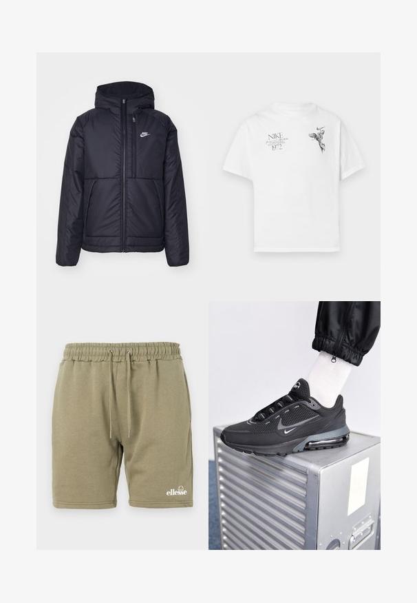 Chaqueta acolchada negra de Nike con cremallera frontal y capucha. Presenta un logo blanco en el lado izquierdo del pecho y dos bolsillos frontales. Textura exterior suave.; Camiseta blanca de algodón con un estampado gráfico negro de una figura alada y texto, con cuello redondo y mangas cortas.; Pantalones cortos de sudadera verde oliva, hechos de una suave mezcla de algodón, con una cinturilla elástica con cordón y un logotipo impreso en la esquina inferior.; Nike Sportswear PULSE - Zapatillas - black/anthracite
