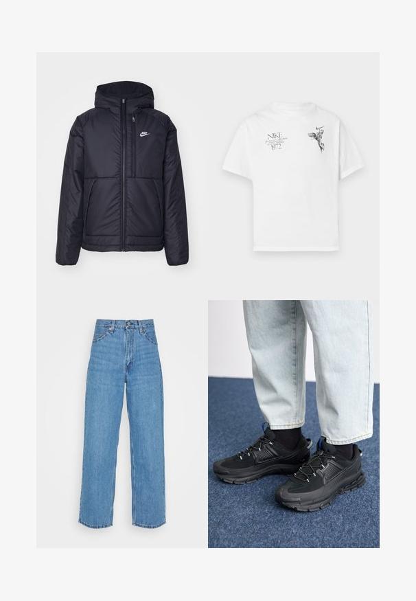 Svart, polstret Nike-jakke med frontglidelås og hette. Har en hvit logo på venstre bryst og doble frontlommer. Glatt ytterside.; Hvit bomull t-skjorte med svart grafisk trykk av en bevinget figur og tekst, med rund hals og korte ermer.; Lys blå denimjeans med høy liv og vidde passform. Funksjoner inkluderer fem lommer, metallknapplukking og rett kant.; Svarte sportssko med teksturert stoff og gummisåler, med elastiske lisser og en blå detalj på hælen. Brukt med lyse denimbukser.