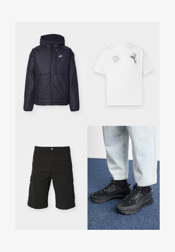 Svart, polstret Nike-jakke med frontglidelås og hette. Har en hvit logo på venstre bryst og doble frontlommer. Glatt ytterside.; Hvit bomull t-skjorte med svart grafisk trykk av en bevinget figur og tekst, med rund hals og korte ermer.; Svart cargo shorts laget av slitesterkt stoff, med sidelommer, knappelukking og rullede detaljer i kanten. Rett silhuett.; Svarte sportssko med teksturert stoff og gummisåler, med elastiske lisser og en blå detalj på hælen. Brukt med lyse denimbukser.