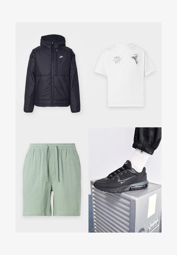 Chaqueta acolchada negra de Nike con cremallera frontal y capucha. Presenta un logo blanco en el lado izquierdo del pecho y dos bolsillos frontales. Textura exterior suave.; Camiseta blanca de algodón con un estampado gráfico negro de una figura alada y texto, con cuello redondo y mangas cortas.; Shorts de algodón verde claro con cintura elástica y cordón. Tejido texturizado, ligeramente arrugado, que incluye un bolsillo lateral.; Nike Sportswear PULSE - Zapatillas - black/anthracite