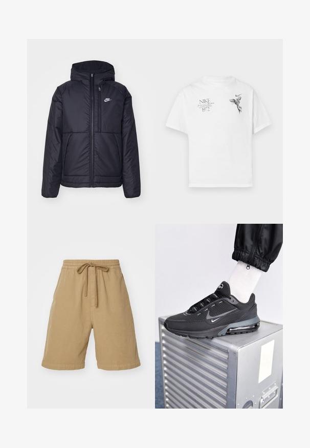 Chaqueta acolchada negra de Nike con cremallera frontal y capucha. Presenta un logo blanco en el lado izquierdo del pecho y dos bolsillos frontales. Textura exterior suave.; Camiseta blanca de algodón con un estampado gráfico negro de una figura alada y texto, con cuello redondo y mangas cortas.; Carhartt WIP FLOYD SHORT - Shorts vaqueros - sand; Nike Sportswear PULSE - Zapatillas - black/anthracite