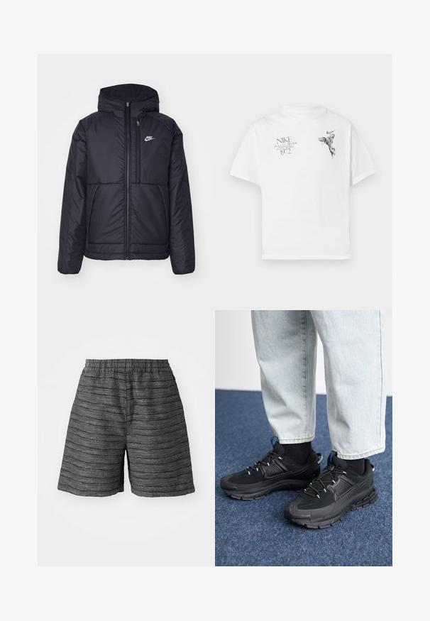 Giacca Nike nera, imbottita, con zip frontale e cappuccio. Presenta un logo bianco sul lato sinistro del petto e doppie tasche frontali. Texture esterna liscia.; T-shirt in cotone bianco con stampa grafica nera di una figura alata e testo, con collo tondo e maniche corte.; Pantaloni corti grigi con cintura elastica, caratterizzati da un tessuto testurizzato con strisce orizzontali. Lunghezza a metà coscia e vestibilità comoda.; Scarpe sportive nere con tessuto testurizzato e suole in gomma, dotate di lacci elastici e un accento blu sul tallone. Indossate con pantaloni in denim chiaro.