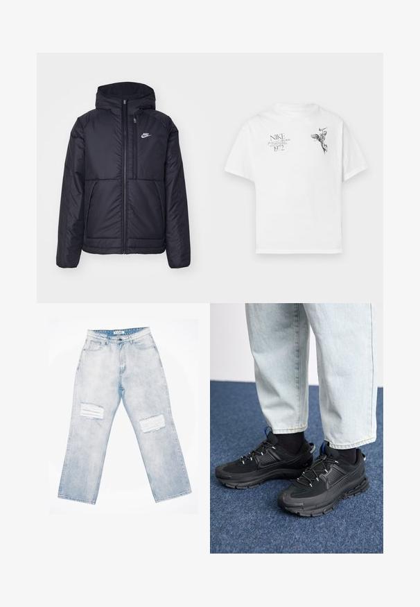 Crna Nike jakna s podstavom, dugmadi sprijeda i kapuljačom. Ima bijeli logotip na lijevoj strani prsnog koša i dva prednja džepa. Glatka vanjska tekstura.; Bijela pamučna majica s crnim grafičkim otiskom krilate figure i teksta, s okruglim izrezom i kratkim rukavima.; Svijetloplave traperice s laganim krojem, koje imaju dva izlizana mjesta sprijeda, kopčanje na gumb i dizajn s pet džepova.; Crne atletske cipele s teksturiranom tkaninom i gumene potplate, s elastičnim vezicama i plavim akcentom na peti. Nosene su s svijetlim trapericama.