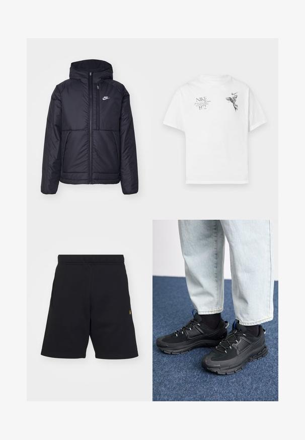 Svart, polstret Nike-jakke med frontglidelås og hette. Har en hvit logo på venstre bryst og doble frontlommer. Glatt ytterside.; Hvit bomull t-skjorte med svart grafisk trykk av en bevinget figur og tekst, med rund hals og korte ermer.; Svarte shorts laget av myk stoff, med elastisk midje, sidelommer og en liten gulllogo aksent nederst til venstre.; Svarte sportssko med teksturert stoff og gummisåler, med elastiske lisser og en blå detalj på hælen. Brukt med lyse denimbukser.
