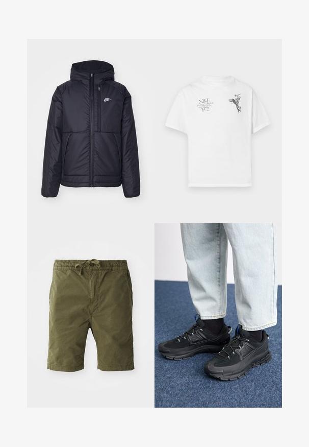 Svart, polstret Nike-jakke med frontglidelås og hette. Har en hvit logo på venstre bryst og doble frontlommer. Glatt ytterside.; Hvit bomull t-skjorte med svart grafisk trykk av en bevinget figur og tekst, med rund hals og korte ermer.; Olivenfarget shorts laget av myk, teksturert stoff. Har elastisk liv med snor og sidelommer.; Svarte sportssko med teksturert stoff og gummisåler, med elastiske lisser og en blå detalj på hælen. Brukt med lyse denimbukser.