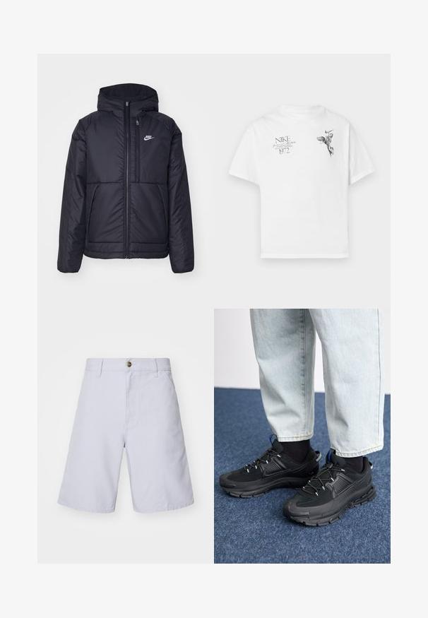 Melna, pufota Nike jaka ar priekšējo rāvējslēdzēju un kapuci. Iezīmēta ar baltu logotipu uz kreisās krūtis un divām priekšējām kabatām. Gluda ārējā tekstūra.; Balts kokvilnas T-krekls ar melnu grafisku druku, kurā attēlots spārnots figūra un teksts, ar apaļu kaklu un īsām piedurknēm.; Gaiši zili kokvilnas šorti ar pogu aizdari, taisna griezuma, priekšējām kabatām un gludu tekstūru. Nav redzamu rakstu vai akcentu.; Melni sporta apavi ar strukturētu audumu un gumijas zoli, ar elastīgām auklām un zilu akcentu uz papēža. Nēsāti ar gaišām džinsu biksēm.