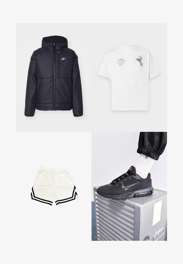Zwarte, gewatteerde Nike-jas met een voorkant met ritssluiting en capuchon. Kenmerkt zich door een wit logo op de linkerborst en dubbele frontzakken. Gladde buitenkant.; Witte katoenen t-shirt met een zwarte grafische print van een gevleugeld figuur en tekst, met een ronde hals en korte mouwen.; Witte sportieve shorts van lichtgewicht stof, met zwarte zijstrepen en een contrasterend chevronpatroon nabij de zoom. Elastaanband.; Nike Sportswear PULSE - Sneakers laag - black/anthracite