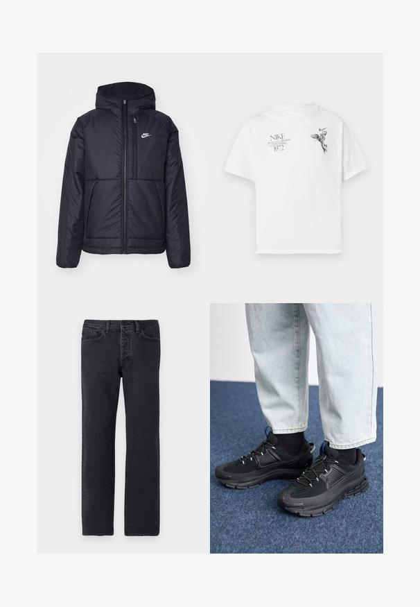 Chaqueta acolchada negra de Nike con cremallera frontal y capucha. Presenta un logo blanco en el lado izquierdo del pecho y dos bolsillos frontales. Textura exterior suave.; Camiseta blanca de algodón con un estampado gráfico negro de una figura alada y texto, con cuello redondo y mangas cortas.; Vaqueros de mezclilla negra con corte recto, cinco bolsillos, pasadores para cinturón y detalles de costura mínimos. Fabricados con una suave tela de algodón texturizada.; Zapatillas deportivas negras con tejido texturizado y suelas de goma, con cordones elásticos y un acento azul en el talón. Combinadas con pantalones de mezclilla claros.