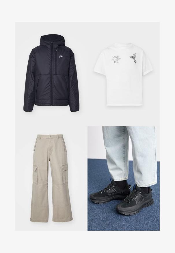 Veste Nike noire rembourrée avec une fermeture éclair sur le devant et une capuche. Elle présente un logo blanc sur la poitrine gauche et deux poches avant. Texture extérieure lisse.; T-shirt en coton blanc avec un imprimé graphique noir d'une figure ailée et du texte, avec un col rond et des manches courtes.; Pantalons cargo kaki en coton mélangé, avec des jambes larges, plusieurs poches latérales et des détails de couture subtils.; Des chaussures de sport noires avec un tissu texturé et des semelles en caoutchouc, dotées de lacets élastiques et d'un accent bleu au talon. Portées avec un pantalon en denim clair.