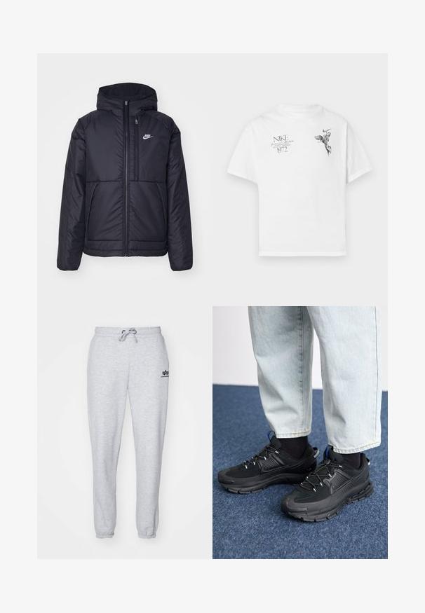 Zwarte, gewatteerde Nike-jas met een voorkant met ritssluiting en capuchon. Kenmerkt zich door een wit logo op de linkerborst en dubbele frontzakken. Gladde buitenkant.; Witte katoenen t-shirt met een zwarte grafische print van een gevleugeld figuur en tekst, met een ronde hals en korte mouwen.; Lichtgrijze sweatpants met een trekkoord in de taille, elastische boorden en een klein marineblauw logo op de linker bovenbenen. Zachte, gestructureerde stof.; Zwarte sportschoenen met gestructureerde stof en rubberen zolen, met elastische veters en een blauwe accent op de hiel. Draag samen met lichte spijkerbroeken.