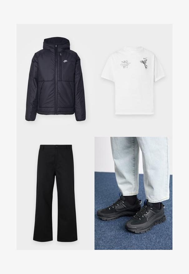 Svart, vadderad Nike-jacka med dragkedja framtill och huva. Har en vit logotyp på vänster bröst och dubbla framfickor. Slät yttextur.; Vit bomull t-shirt med en svart grafisk tryck av en bevingad figur och text, med rund hals och korta ärmar.; Svarta byxor med vida ben gjorda av slätt tyg. Har knappstängning fram och standard midjeband. Minimalistisk design, inga synliga mönster.; Svarta sportskor med texturerat tyg och gummisulor, med elastiska snörningar och en blå detalj på hälen. Bärs med ljusa jeans.
