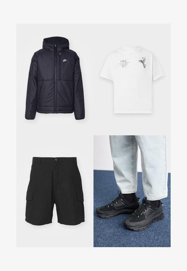 Musta, pehmustettu Nike-takki, jossa on etuvetoketju ja huppu. Vasemmassa rinnassa on valkoinen logo ja takissa on kaksinkertaiset etutaskut. Pintakoe on sileä.; Valkoinen puuvillapaita, jossa on musta graafinen printti siivekkäästä hahmosta ja teksti, pyöreä kaula-aukko ja lyhyt hiha.; Mustat cargo-shortsit, jotka on valmistettu kevyestä kankaasta. Niissä on kaksi sivutaskua, napillinen suljenta ja rento malli, joka ulottuu reiden keskiväliin.; Mustat urheilukengät, joissa on teksturoitu kangas ja kumipohjat, elastiset nauhat ja sininen yksityiskohta kannassa. Yhdistetty vaaleisiin farkkuihin.