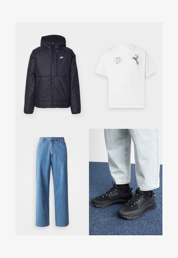 Musta, pehmustettu Nike-takki, jossa on etuvetoketju ja huppu. Vasemmassa rinnassa on valkoinen logo ja takissa on kaksinkertaiset etutaskut. Pintakoe on sileä.; Valkoinen puuvillapaita, jossa on musta graafinen printti siivekkäästä hahmosta ja teksti, pyöreä kaula-aukko ja lyhyt hiha.; Vaaleansinisen denimista valmistetut leveät farkut, joissa on korkea vyötärö, viisi taskua ja nappikiinnitys. Sujuva pinta ja minimaalinen kuluminen.; Mustat urheilukengät, joissa on teksturoitu kangas ja kumipohjat, elastiset nauhat ja sininen yksityiskohta kannassa. Yhdistetty vaaleisiin farkkuihin.