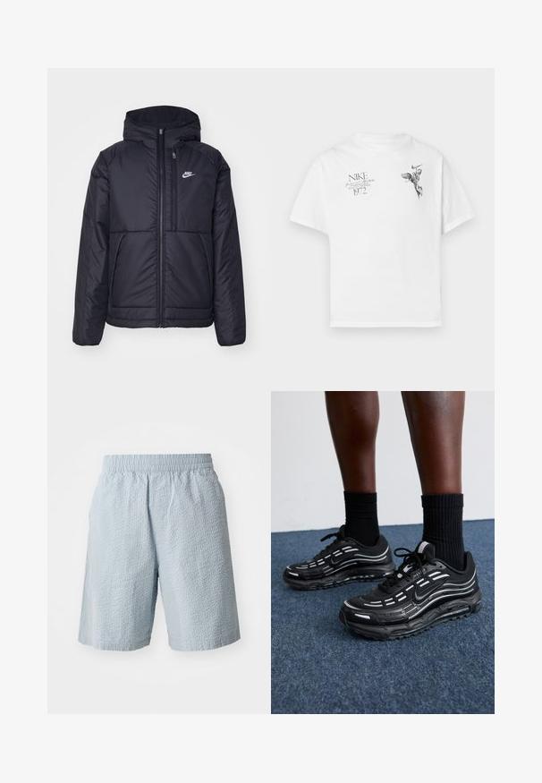 Melna, pufota Nike jaka ar priekšējo rāvējslēdzēju un kapuci. Iezīmēta ar baltu logotipu uz kreisās krūtis un divām priekšējām kabatām. Gluda ārējā tekstūra.; Balts kokvilnas T-krekls ar melnu grafisku druku, kurā attēlots spārnots figūra un teksts, ar apaļu kaklu un īsām piedurknēm.; Gaiši zili šorti ar teksturētu audumu, elastīgu jostu un sānu kabatām. Dizains ietver brīvu piegriezumu un līdzceliņu garumu.; Melni Nike apavi ar sietveida augšdaļu, akcentējošām svītrām, teksturētām šņorēm un melnu gumijas zoli. Valkāti ar melniem ribota auduma zeķēm.