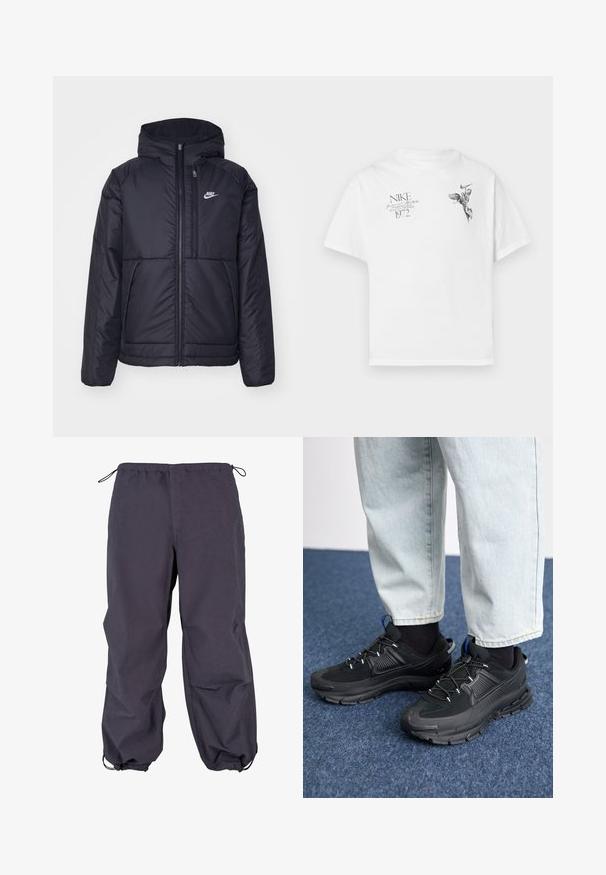 Črna, podložena Nike jakna z sprednjim zadrgo in kapuco. Ima bel logo na levem prsnem delu in dvojna sprednja žepa. Gladka zunanja tekstura.; Bela bombažna majica s črnim grafičnim potiskom krilate figure in besedilom, z okroglim izrezom in kratkimi rokavi.; Temno sivi vodoodporni hlače z elastičnim pasom, nastavljivim vrvico in prilegajočimi se manšetami. Gladka tekstura z ohlapnim krojem.; Črne športne čevlje z teksturirano tkanino in gumijastimi podplati, ki imajo elastične vezalke ter modre poudarke na peti. Nosi se z lahkimi denim hlačami.