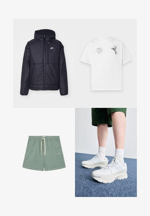 Černá zateplená bunda Nike s předním zipem a kapucí. Na levé straně hrudi má bílé logo a dvojité přední kapsy. Hladký povrch.; Bílý bavlněný tričko s černým grafickým potiskem křídlené postavy a textem, s kulatým výstřihem a krátkými rukávy.; Zelené a bílé pruhované plavky s elastickým pasem, nastavitelnou šňůrkou a malým logem na dolní levé straně.; Bílé sportovní boty s texturovanými překryvy, masivní podrážkou a šedými akcenty. Na nohou mají bílé ponožky a zelené šortky na modrém povrchu.
