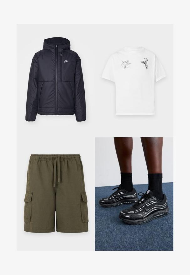 Juodas, paminkštintas Nike džemperis su priekyje užtrauktuku ir gobtuvu. Pasižymi balta logo kairėje krūtinės pusėje ir dviem priekinėmis kišenėmis. Su lygiu išoriniu paviršiumi.; Balta medvilninė marškinėlių su apvaliu kaklu ir trumpomis rankovėmis, ant kurios yra juodas grafikas sparnuoto figūros ir tekstas.; Kaki spalvoti cargo šortai su elastinga juosta, šnuromis ir dviem šoninėmis kišenėmis. Medžiaga lengva, su šiek tiek tekstūrine apdaila.; Juodi Nike batai turi orui pralaidžią viršutinę dalį su akcento juostelėmis, tekstūruotais raišteliais ir juodu guminio pado. Dėvimi su juodais šonkauliniais sokais.