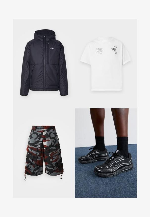Jachetă Nike neagră, căptușită, cu fermoar pe față și glugă. Prezintă un logo alb pe pieptul stâng și două buzunare frontale. Textură exterioară netedă.; Tricou alb din bumbac cu un imprimeu grafic negru al unei figuri cu aripi și text, cu gât rotund și mâneci scurte.; Pantaloni scurți cargo camouflage în culorile roșu, negru și gri. Prezină multiple buzunare, tivuri ajustabile cu șnur și un design relaxat.; Pantofii negri Nike au un superior din plasă cu dungi accentuate, șireturi texturate și o talpă din cauciuc negru. Purtați cu șosete negre cu model rib.