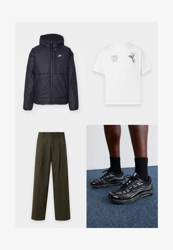 Chaqueta acolchada negra de Nike con cremallera frontal y capucha. Presenta un logo blanco en el lado izquierdo del pecho y dos bolsillos frontales. Textura exterior suave.; Camiseta blanca de algodón con un estampado gráfico negro de una figura alada y texto, con cuello redondo y mangas cortas.; Pantalones de pierna ancha en verde oliva, confeccionados en algodón con una textura suave, que cuentan con un bolsillo frontal, trabillas para el cinturón y un cierre de botón único.; Las zapatillas Nike negras presentan una parte superior de malla con franjas de acento, cordones texturizados y una suela de goma negra. Se llevan con calcetines negros de canalé.