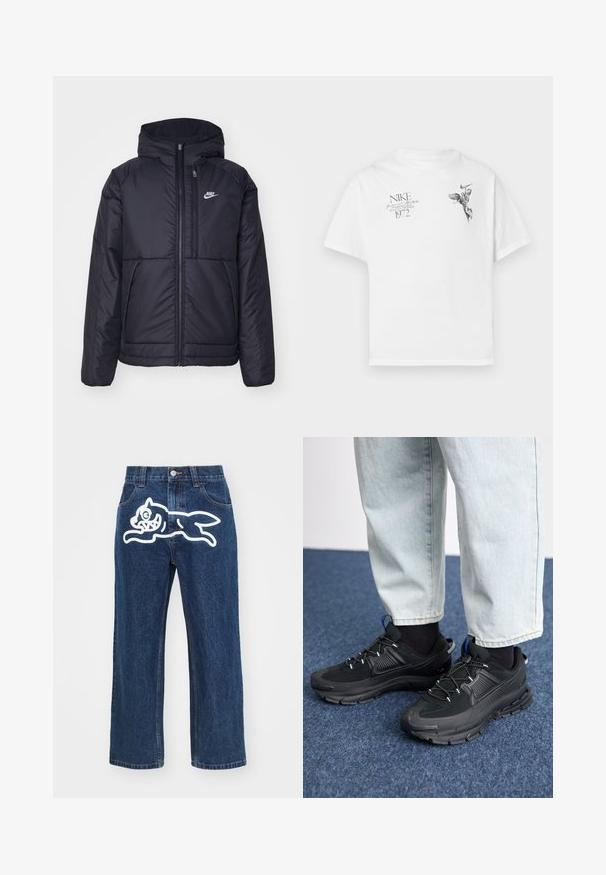Svart, polstret Nike-jakke med frontglidelås og hette. Har en hvit logo på venstre bryst og doble frontlommer. Glatt ytterside.; Hvit bomull t-skjorte med svart grafisk trykk av en bevinget figur og tekst, med rund hals og korte ermer.; Mørkeblå vide jeans med en stor hvid tegneseriehund grafik på baglommen. Denimtekstur, traditionelt fem-lomme design.; Svarte sportssko med teksturert stoff og gummisåler, med elastiske lisser og en blå detalj på hælen. Brukt med lyse denimbukser.