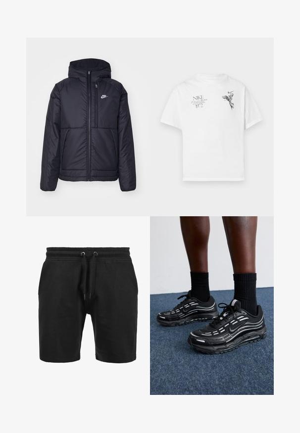 Veste Nike noire rembourrée avec une fermeture éclair sur le devant et une capuche. Elle présente un logo blanc sur la poitrine gauche et deux poches avant. Texture extérieure lisse.; T-shirt en coton blanc avec un imprimé graphique noir d'une figure ailée et du texte, avec un col rond et des manches courtes.; Shorts noirs en tissu texturé. Dotés d'une taille élastique avec cordon de serrage et de poches latérales. Design simple avec une coupe droite.; Des chaussures Nike noires présentent une tige en mesh avec des rayures d'accent, un laçage texturé et une semelle en caoutchouc noir. Portées avec des chaussettes noires côtelées.