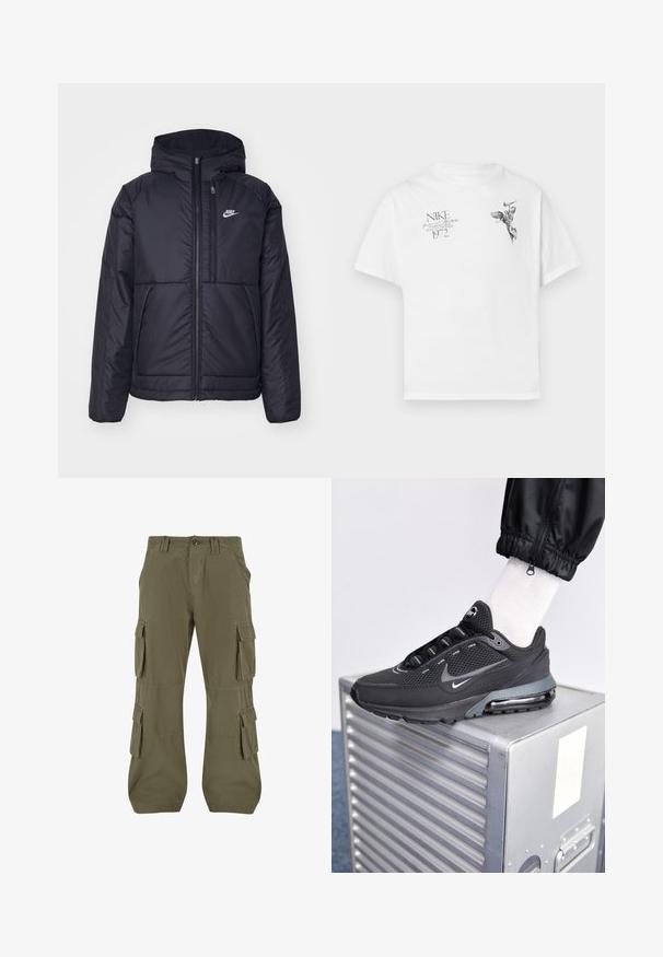 Schwarze, gepolsterte Nike-Jacke mit Frontreißverschluss und Kapuze. Hat ein weißes Logo auf der linken Brust und zwei Fronttaschen. Glattes äußeres Material.; Weißes Baumwoll-T-Shirt mit einem schwarzen Grafikdruck eines geflügelten Figures und Text, mit Rundhalsausschnitt und kurzen Ärmeln.; Cargo-Hosen in Olivgrün. Aus Baumwolle gefertigt, mit mehreren Seitentaschen, geradem Schnitt und sichtbaren Nahtdetails.; Nike Sportswear PULSE - Sneaker low - black/anthracite