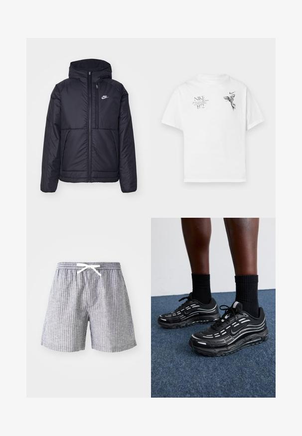 Sort, polstret Nike-jakke med frontlynlås og hætte. Har et hvidt logo på venstre bryst og to frontlommer. Glat ydre tekstur.; Hvid bomuld t-shirt med et sort grafisk print af en vinget figur og tekst, med rund hals og korte ærmer.; Grå stribede shorts med snor i livet, lavet af letvægtsstof. Har lodrette hvide striber og en løs, komfortabel pasform.; Sorte Nike sko har et mesh-overdel med accentstriber, tekstureret snørering og en sort gummisål. Båret med sorte ribbede sokker.