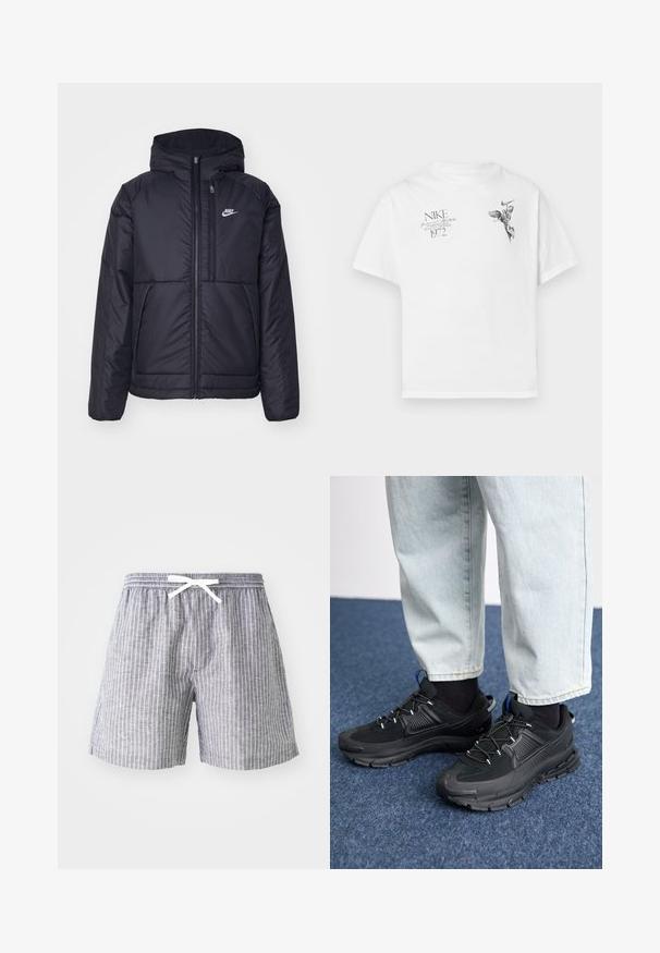 Veste Nike noire rembourrée avec une fermeture éclair sur le devant et une capuche. Elle présente un logo blanc sur la poitrine gauche et deux poches avant. Texture extérieure lisse.; T-shirt en coton blanc avec un imprimé graphique noir d'une figure ailée et du texte, avec un col rond et des manches courtes.; Shorts gris rayés avec cordon de serrage à la taille, fabriqués en tissu léger. Présente des rayures blanches verticales et une coupe ample et confortable.; Des chaussures de sport noires avec un tissu texturé et des semelles en caoutchouc, dotées de lacets élastiques et d'un accent bleu au talon. Portées avec un pantalon en denim clair.