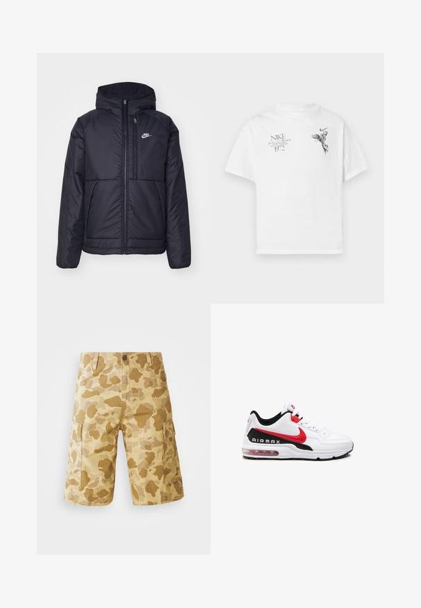 Giacca Nike nera, imbottita, con zip frontale e cappuccio. Presenta un logo bianco sul lato sinistro del petto e doppie tasche frontali. Texture esterna liscia.; T-shirt in cotone bianco con stampa grafica nera di una figura alata e testo, con collo tondo e maniche corte.; Bermuda cargo beige con un motivo camouflage in diverse tonalità di marrone, dotate di tasche laterali, una vita con bottone e una texture a righe verticali.; Scarpa sportiva bianca con accenti neri e rossi, caratterizzata da una tomaia in pelle liscia, chiusura con lacci e ammortizzazione d'aria visibile nella suola.