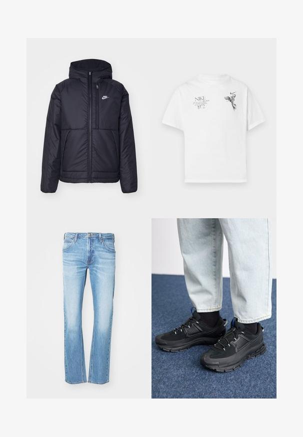 Casaco Nike preto, acolchoado, com fecho à frente e capuz. Apresenta um logo branco no lado esquerdo do peito e dois bolsos frontais. Textura exterior lisa.; T-shirt de algodão branco com uma impressão gráfica preta de uma figura alada e texto, com decote redondo e mangas curtas.; Jeans de denim azul claro com um corte reto, apresentando cinco bolsos, fecho de botão e um desbotamento sutil nas coxas.; Sapatilhas desportivas pretas com tecido texturizado e solas em borracha, apresentando atacadores elásticos e um detalhe azul no calcanhar. Usadas com calças de ganga claras.