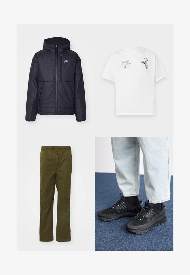 Schwarze, gepolsterte Nike-Jacke mit Frontreißverschluss und Kapuze. Hat ein weißes Logo auf der linken Brust und zwei Fronttaschen. Glattes äußeres Material.; Weißes Baumwoll-T-Shirt mit einem schwarzen Grafikdruck eines geflügelten Figures und Text, mit Rundhalsausschnitt und kurzen Ärmeln.; Baumwoll-Cargohose in Olivgrün, mit einem Kordelzugbund, geradem Bein, seitlichen Taschen und einer glatten Textur.; Schwarze Sportschuhe aus strukturiertem Stoff mit Gummisohlen, ausgestattet mit elastischen Schnürsenkeln und einem blauen Akzent an der Ferse. Getragen mit hellen Jeans.