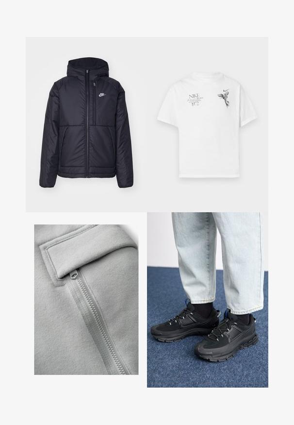 Schwarze, gepolsterte Nike-Jacke mit Frontreißverschluss und Kapuze. Hat ein weißes Logo auf der linken Brust und zwei Fronttaschen. Glattes äußeres Material.; Weißes Baumwoll-T-Shirt mit einem schwarzen Grafikdruck eines geflügelten Figures und Text, mit Rundhalsausschnitt und kurzen Ärmeln.; Next UTILITY JOGGERS- REGULAR FIT - Cargohose - light grey; Schwarze Sportschuhe aus strukturiertem Stoff mit Gummisohlen, ausgestattet mit elastischen Schnürsenkeln und einem blauen Akzent an der Ferse. Getragen mit hellen Jeans.