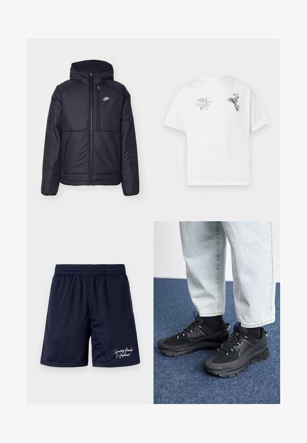 Fekete, párnázott Nike dzseki elülső cipzárral és kapucnival. A bal mellen fehér logó található, valamint két elülső zseb. Simának tűnő külső felület.; Fehér pamut póló, fekete grafikai nyomattal egy szárnyas lényről és szövegről, kerek nyakkal és rövid ujjú. ; Tengerészkék hálós sportnadrág elasztikus derékkal. A jobb alsó részen fehér hímzett szöveg: "Sportcikkek és felszerelés".; Fekete sportcipők texturált anyaggal és gumitalppal, elasztikus fűzőkkel és kék kiegészítővel a saroknál. Világos farmernadrággal viselve.