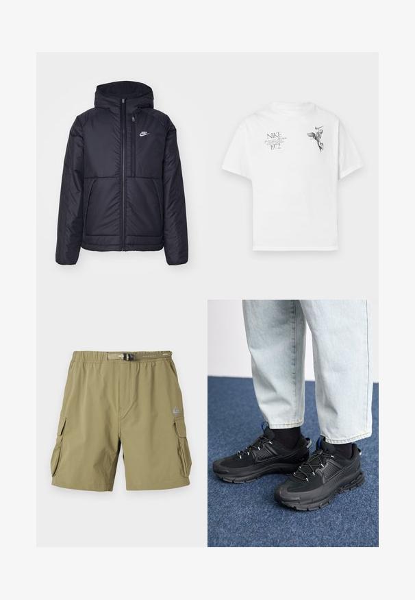 Čierna, polstrovaná bunda Nike so zipsom vpredu a kapucňou. Na ľavej strane hrude sa nachádza biele logo a sú tu dva predné vrecká. Hladký vonkajší povrch.; Biela bavlnená tričko s čiernym grafickým potlačou krídelnej postavy a textom, s okrúhlym výstrihom a krátkymi rukávmi.; Khaki cargo šortky s elastickým pásom, bočnými vreckami a predným zapínaním na pracku. Vyrobené z ľahkej, textúrovanej tkaniny.; Čierne športové topánky s textúrovanou tkaninou a gumovou podrážkou, so elastickými šnúrkami a modrým akcentom na päte. Nosia sa s svetlými riflami.