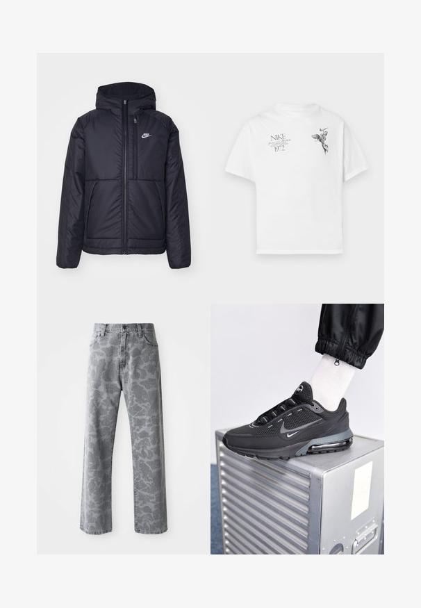 Giacca Nike nera, imbottita, con zip frontale e cappuccio. Presenta un logo bianco sul lato sinistro del petto e doppie tasche frontali. Texture esterna liscia.; T-shirt in cotone bianco con stampa grafica nera di una figura alata e testo, con collo tondo e maniche corte.; Jeans in denim grigio con motivo camouflage, design a gamba dritta, cinque tasche e chiusura a bottoni.; Nike Sportswear PULSE - Sneakers basse - black/anthracite