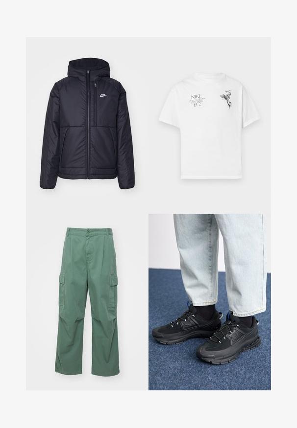 Must musta Nike jope, millel on ees lukuga avamine ja kapuuts. Vasakpoolne rind on kaunistatud valge logoga ning ees on kaks taskut. Sile välimine tekstuur.; Valge puuvillane T-särk, millel on must graafiline trükk tiivulise kuju ja tekstiga, ümardatud kaeluse ning lühikeste varrukatega.; Rohelised puuvillased cargos püksid, millel on lahtine lõige, laiad sääred ja küljetaskud. Kanga pind on sile ja mustriteta.; Mustad mustad jooksukingad, millel on tekstureeritud kangas ja kummist tallad, elastsed nöörid ning sinine aksent kandadel. Kandmine heledate teksadega.