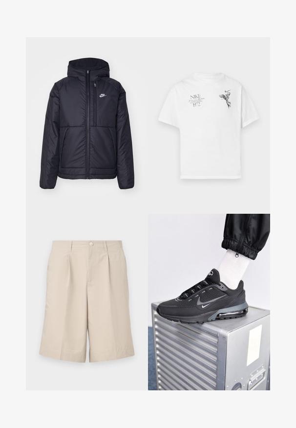 Black, padded Nike jacket with a front zipper and hood. Features a white logo on the left chest and dual front pockets. Smooth exterior texture.; White cotton t-shirt featuring a black graphic print of a winged figure and text, with a crew neck and short sleeves.; Beige tailored shorts made of lightweight fabric, featuring a front button, two side pockets, and a crease detail down the front.; Nike Sportswear PULSE - Trainers - black/anthracite