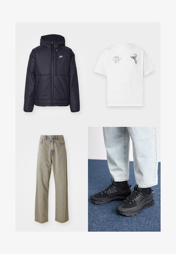 Črna, podložena Nike jakna z sprednjim zadrgo in kapuco. Ima bel logo na levem prsnem delu in dvojna sprednja žepa. Gladka zunanja tekstura.; Bela bombažna majica s črnim grafičnim potiskom krilate figure in besedilom, z okroglim izrezom in kratkimi rokavi.; Svetlo sivi traper hlače širokih nogavica iz denima, z značilno postaranim videzom, vidnim šivi ter tradicionalnim gumbom in zadrgo.; Črne športne čevlje z teksturirano tkanino in gumijastimi podplati, ki imajo elastične vezalke ter modre poudarke na peti. Nosi se z lahkimi denim hlačami.
