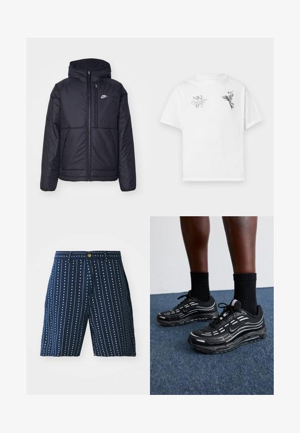 Juodas, paminkštintas Nike džemperis su priekyje užtrauktuku ir gobtuvu. Pasižymi balta logo kairėje krūtinės pusėje ir dviem priekinėmis kišenėmis. Su lygiu išoriniu paviršiumi.; Balta medvilninė marškinėlių su apvaliu kaklu ir trumpomis rankovėmis, ant kurios yra juodas grafikas sparnuoto figūros ir tekstas.; Tamsiai mėlyni šortai su vertikaliomis baltomis juostelėmis ir mažais širdelių raštais, turintys mygtuką ir diržo kilpas. Pagaminti iš lengvos medžiagos.; Juodi Nike batai turi orui pralaidžią viršutinę dalį su akcento juostelėmis, tekstūruotais raišteliais ir juodu guminio pado. Dėvimi su juodais šonkauliniais sokais.