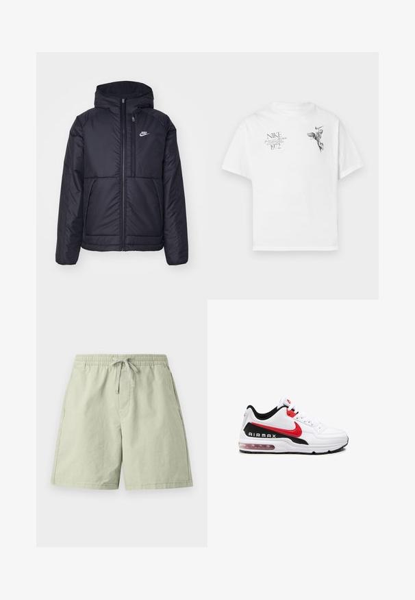 Giacca Nike nera, imbottita, con zip frontale e cappuccio. Presenta un logo bianco sul lato sinistro del petto e doppie tasche frontali. Texture esterna liscia.; T-shirt in cotone bianco con stampa grafica nera di una figura alata e testo, con collo tondo e maniche corte.; Shorts di cotone verde chiaro con vita elastica e cordino, dotati di tasche laterali e vestibilità rilassata. Texture liscia, design a lunghezza ginocchio.; Scarpa sportiva bianca con accenti neri e rossi, caratterizzata da una tomaia in pelle liscia, chiusura con lacci e ammortizzazione d'aria visibile nella suola.