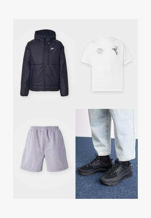 Veste Nike noire rembourrée avec une fermeture éclair sur le devant et une capuche. Elle présente un logo blanc sur la poitrine gauche et deux poches avant. Texture extérieure lisse.; T-shirt en coton blanc avec un imprimé graphique noir d'une figure ailée et du texte, avec un col rond et des manches courtes.; Shorts rayés bleu clair avec une taille élastique, fabriqués à partir d'un tissu doux. Dispose de poches latérales et d'une coupe décontractée, idéales pour une tenue décontractée.; Des chaussures de sport noires avec un tissu texturé et des semelles en caoutchouc, dotées de lacets élastiques et d'un accent bleu au talon. Portées avec un pantalon en denim clair.