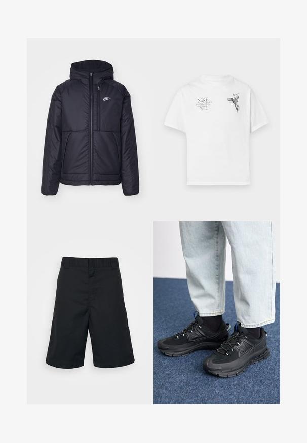 Must musta Nike jope, millel on ees lukuga avamine ja kapuuts. Vasakpoolne rind on kaunistatud valge logoga ning ees on kaks taskut. Sile välimine tekstuur.; Valge puuvillane T-särk, millel on must graafiline trükk tiivulise kuju ja tekstiga, ümardatud kaeluse ning lühikeste varrukatega.; Mustad mustadest kangast lühikesed püksid, sirge lõikega, tavalisevärviga ja ilma mustrite või nähtavate kinnitusteta.; Mustad mustad jooksukingad, millel on tekstureeritud kangas ja kummist tallad, elastsed nöörid ning sinine aksent kandadel. Kandmine heledate teksadega.