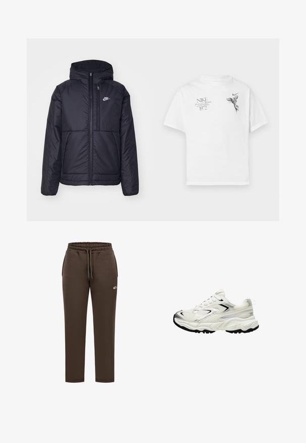 Schwarze, gepolsterte Nike-Jacke mit Frontreißverschluss und Kapuze. Hat ein weißes Logo auf der linken Brust und zwei Fronttaschen. Glattes äußeres Material.; Weißes Baumwoll-T-Shirt mit einem schwarzen Grafikdruck eines geflügelten Figures und Text, mit Rundhalsausschnitt und kurzen Ärmeln.; Braune Baumwoll-Jogginghose mit elastischem Bund und Kordelzug. Verfügt über seitliche Taschen und ein kleines gesticktes Logo am linken Bein.; Weiße Sneaker mit einem Obermaterial aus Mesh, silbernen Akzenten, schwarzer Sohle und strukturierten Einsätzen. Verfügt über ein Schnürdesign und eine abgerundete Zehenform.