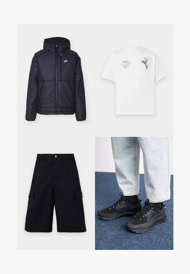 Chaqueta acolchada negra de Nike con cremallera frontal y capucha. Presenta un logo blanco en el lado izquierdo del pecho y dos bolsillos frontales. Textura exterior suave.; Camiseta blanca de algodón con un estampado gráfico negro de una figura alada y texto, con cuello redondo y mangas cortas.; Pantalones cortos cargo negros hechos de un tejido duradero. Presentan dos bolsillos laterales, una cremallera y una cinturilla simple con un botón de metal.; Zapatillas deportivas negras con tejido texturizado y suelas de goma, con cordones elásticos y un acento azul en el talón. Combinadas con pantalones de mezclilla claros.