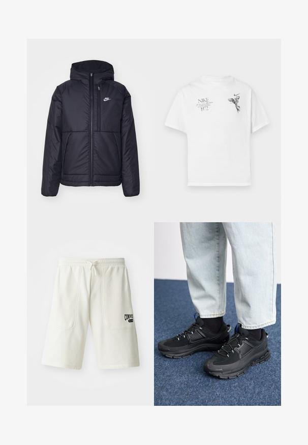 Fekete, párnázott Nike dzseki elülső cipzárral és kapucnival. A bal mellen fehér logó található, valamint két elülső zseb. Simának tűnő külső felület.; Fehér pamut póló, fekete grafikai nyomattal egy szárnyas lényről és szövegről, kerek nyakkal és rövid ujjú. ; Krém színű, puha anyagból készült rövidnadrág, amelyen két nagy oldalsó zseb található, és a jobb lábon egy fekete "Converse All Star" logó látható.; Fekete sportcipők texturált anyaggal és gumitalppal, elasztikus fűzőkkel és kék kiegészítővel a saroknál. Világos farmernadrággal viselve.