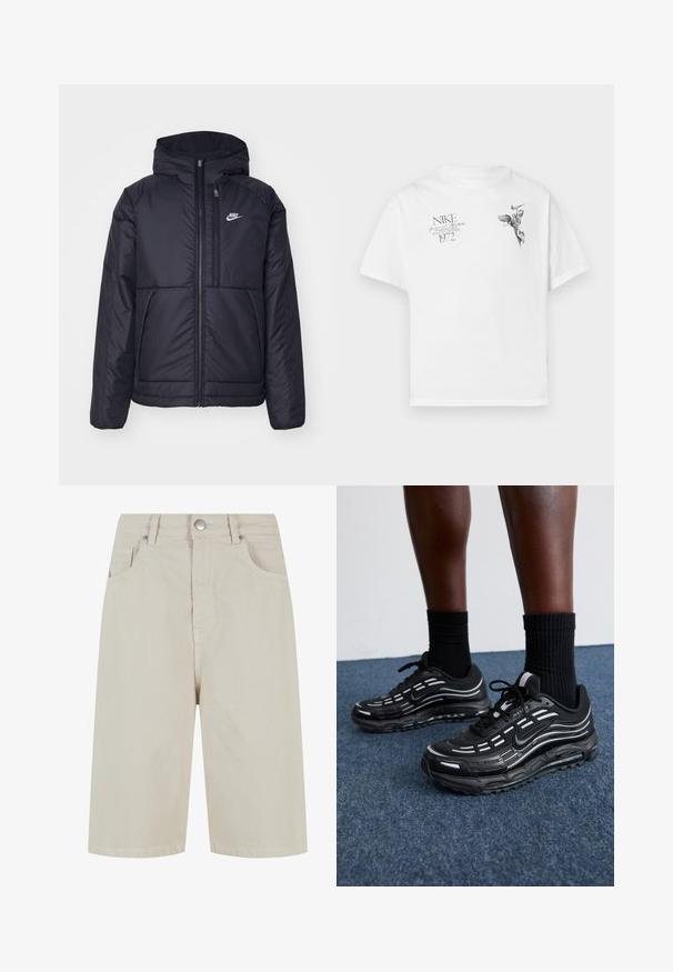 Juodas, paminkštintas Nike džemperis su priekyje užtrauktuku ir gobtuvu. Pasižymi balta logo kairėje krūtinės pusėje ir dviem priekinėmis kišenėmis. Su lygiu išoriniu paviršiumi.; Balta medvilninė marškinėlių su apvaliu kaklu ir trumpomis rankovėmis, ant kurios yra juodas grafikas sparnuoto figūros ir tekstas.; Bežo džinsiniai šortai su tiesiu kirpimu, priekyje užsegami mygtuku ir turintys keturis kišenes. Medžiaga turi lygų paviršių ir minimalų siuvimo detalumą.; Juodi Nike batai turi orui pralaidžią viršutinę dalį su akcento juostelėmis, tekstūruotais raišteliais ir juodu guminio pado. Dėvimi su juodais šonkauliniais sokais.