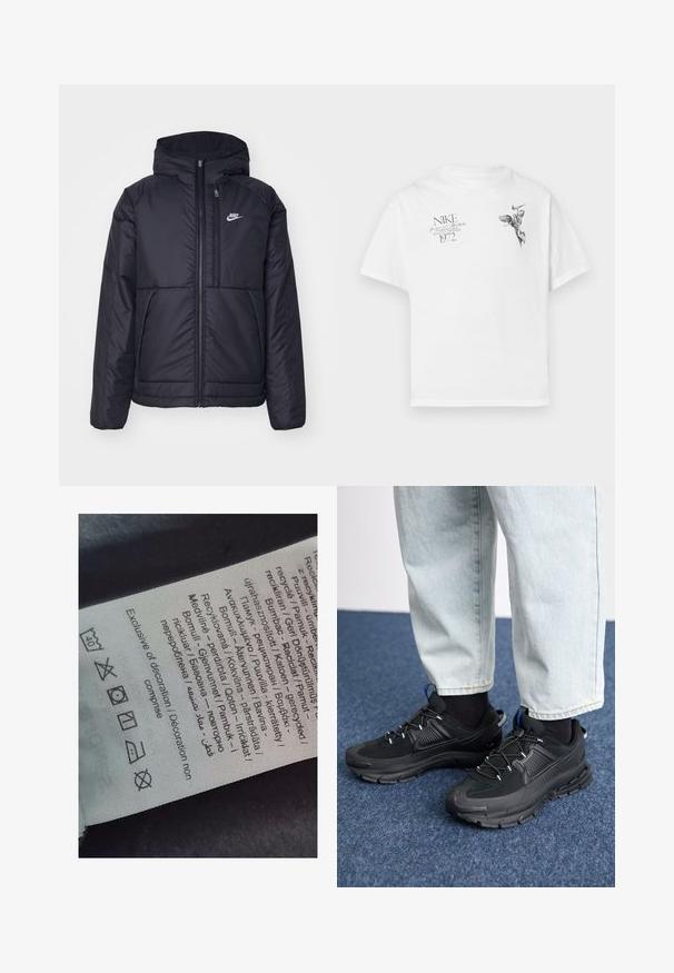 Svart, vadderad Nike-jacka med dragkedja framtill och huva. Har en vit logotyp på vänster bröst och dubbla framfickor. Slät yttextur.; Vit bomull t-shirt med en svart grafisk tryck av en bevingad figur och text, med rund hals och korta ärmar.; Etikett med flerspråkig text, vårdsymboler och återvinningsikoner, tryckt på ett mjukt tygliknande material i ljus färg.; Svarta sportskor med texturerat tyg och gummisulor, med elastiska snörningar och en blå detalj på hälen. Bärs med ljusa jeans.