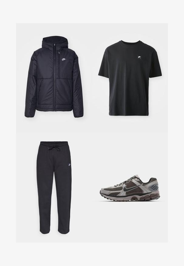 Black, padded Nike jacket with a front zipper and hood. Features a white logo on the left chest and dual front pockets. Smooth exterior texture.; Black cotton t-shirt with short sleeves, crew neck, featuring a small rectangular logo with "NIKE AIR" in white on the left chest.; Black sweatpants made of soft fabric with an elastic waistband, drawstring, and a small Nike logo on the left thigh.; Light grey and dark brown running shoe with mesh detailing, structured design, and thick rubber sole. Features Nike swoosh logo and textured accents.