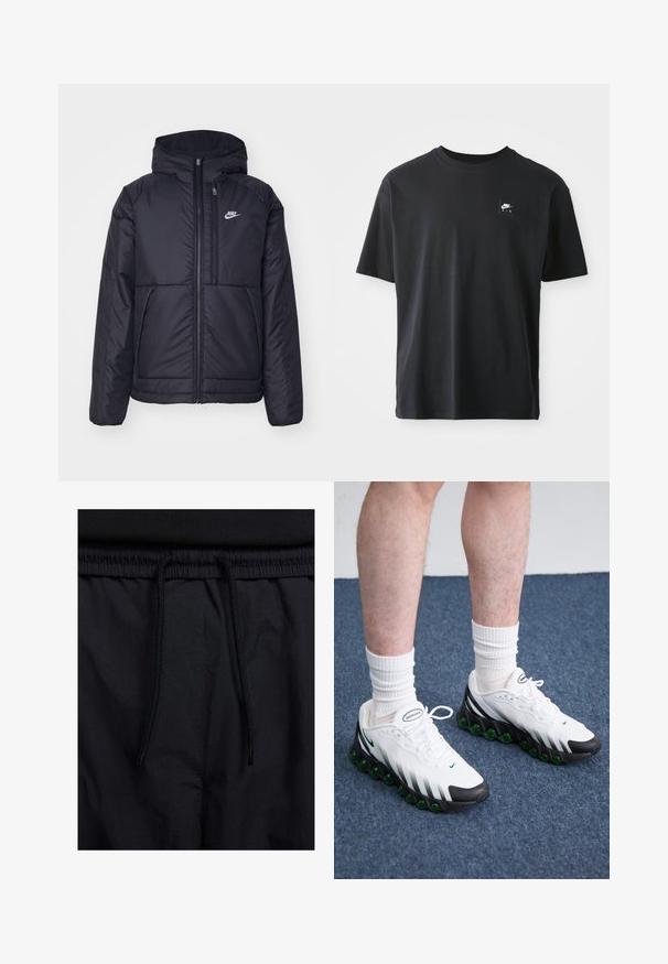 Svart, polstret Nike-jakke med frontglidelås og hette. Har en hvit logo på venstre bryst og doble frontlommer. Glatt ytterside.; Svart bomull T-skjorte med korte ermer og rund hals, med et lite rektangulært logo med "NIKE AIR" i hvitt på venstre bryst.; Sorte shorts med snor i livet, lett stoff med en jevn tekstur, og et enkelt design uten synlige logoer eller mønstre.; Hvite joggesko med svarte detaljer og grønn demping. Har en teksturert overdel, snøring og synlig merkevarelogo.